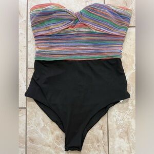 Sheike Black and Rainbow Silver Thread Back Zipper Strapless Bodysuit Size 10